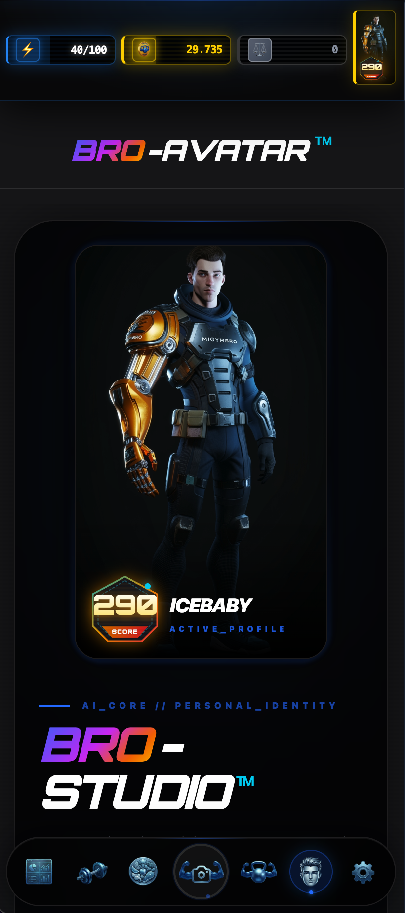 Interfaz de personalización del Bro-Avatar y editor de Bro-Emotes en Bro Studio